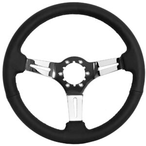 VSW S6 Steering Wheel, Black Leather 6 Bolt Chrome Slotted 3 Spoke ST3012BLK