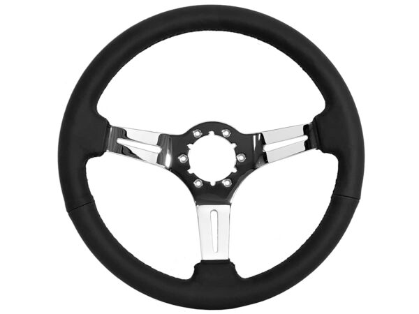VSW S6 Steering Wheel, Black Leather 6 Bolt Chrome Slotted 3 Spoke ST3012BLK