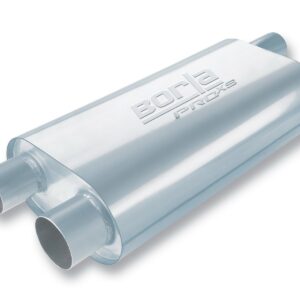 BORLA 40477 Specialty Muffler   Transverse Flow Single 2.5" Offset In/Dual 2.5" Offset Out (Originally for GM F Body) 6"x10.25" Oval x 19" Long Body 24" OAL. Universal. Reversible. Un Notched.