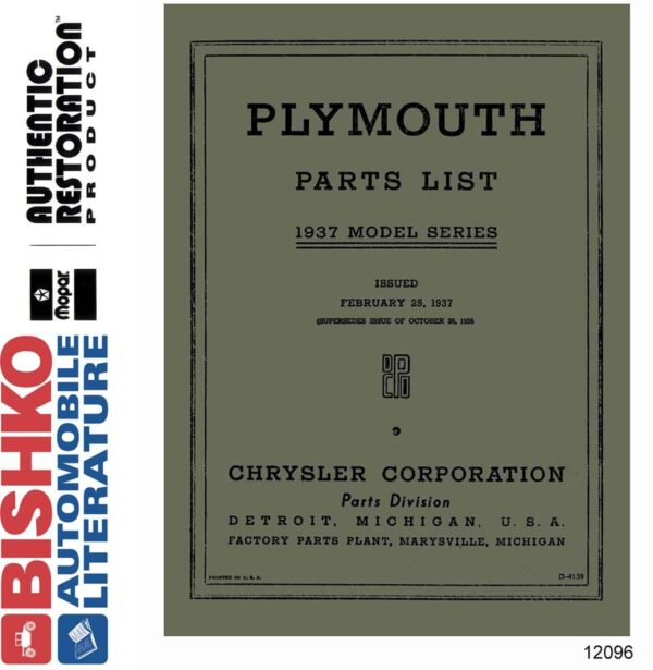 bishko automotive literature 1937 Plymouth Parts Numbers CD List Guide Catalog Interchange Illustrations OEM