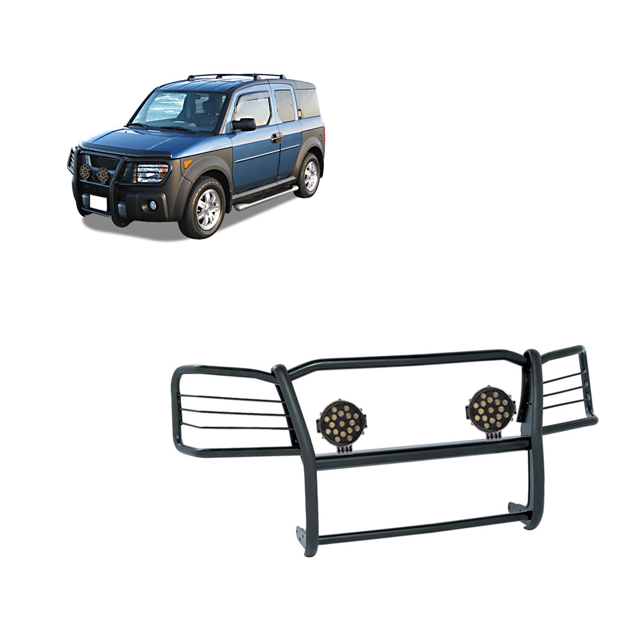 Black Horse Grille brush Bumper Guard Modular Black Come With pair of 7.0Dia.LED Lights with Black Trim Rings Compatible with 2003 2008 Honda Element 17A155900MA PLB