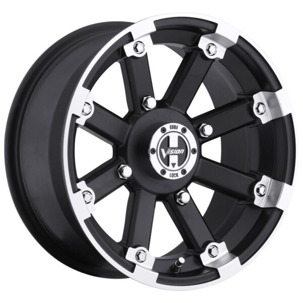 VISION WHEEL   393 lock out   14 Inch Rim x 7   (4x156) Offset (2.5) Wheel Finish   matte black machined lip with chrome hex bolt inserts