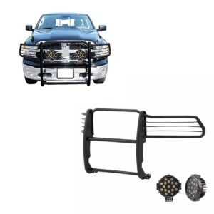Black Horse Grille brush Bumper Guard Modular Black Come With pair of 7.0Dia.LED Lights with Black Trim Rings Compatible with 2009 2018 Dodge Ram 15002019 2024 Ram 1500 Classic 17DG109MA PLB