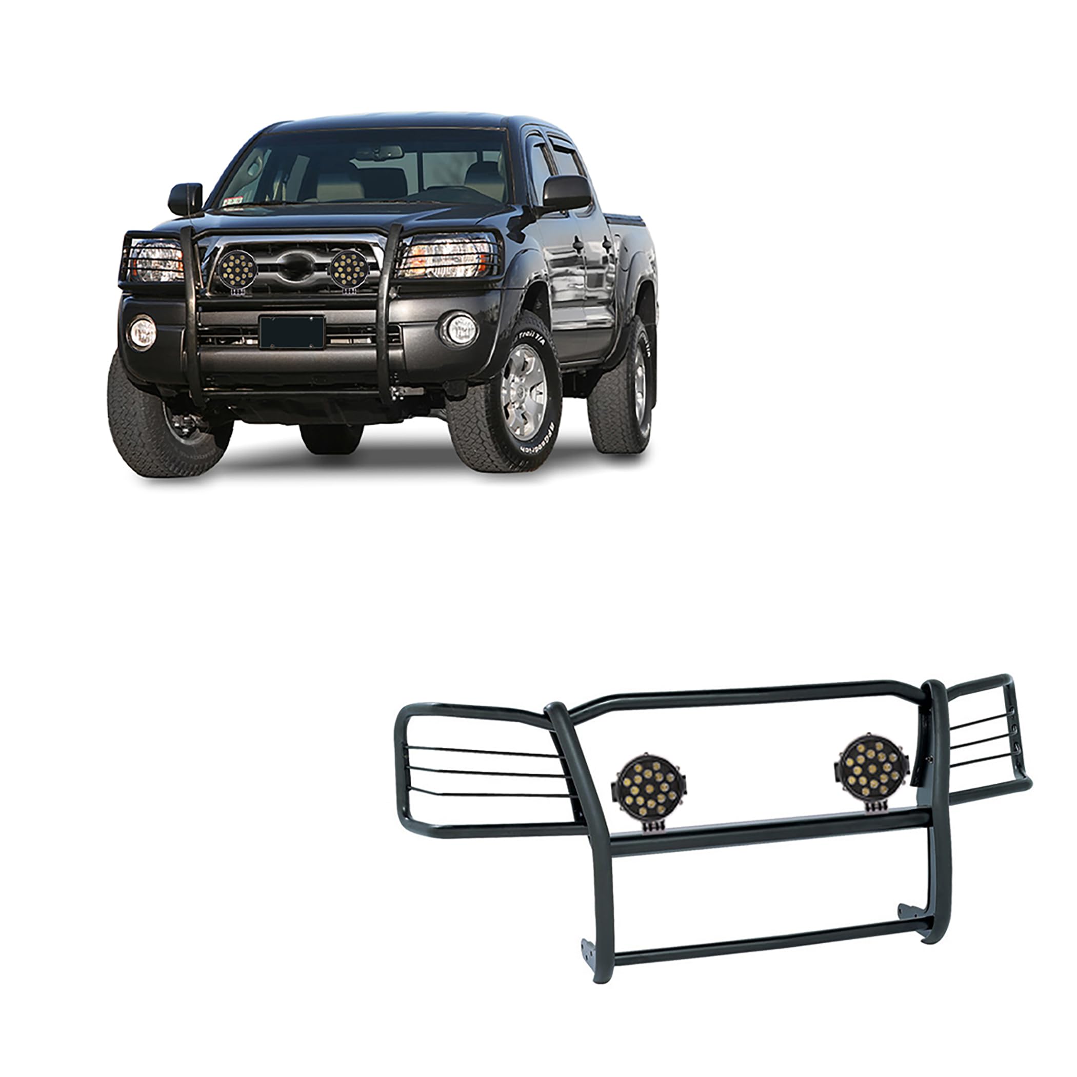 Black Horse Grille brush Bumper Guard Modular Black Come With pair of 7.0Dia.LED Lights with Black Trim Rings Compatible with 2005 2015 Toyota Tacoma 17A096400MA PLB