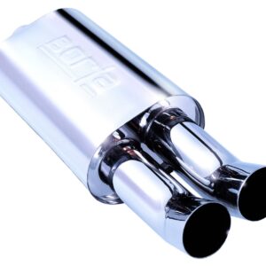 BORLA 40059 Boomers Spitfire Boomers Muffler   2.25" Center Inlet/Dual 3" Round DTM Style Tips 5.5" x 8.5 Oval x 14" Long Body 26.25" Overall Length. Universal Part.