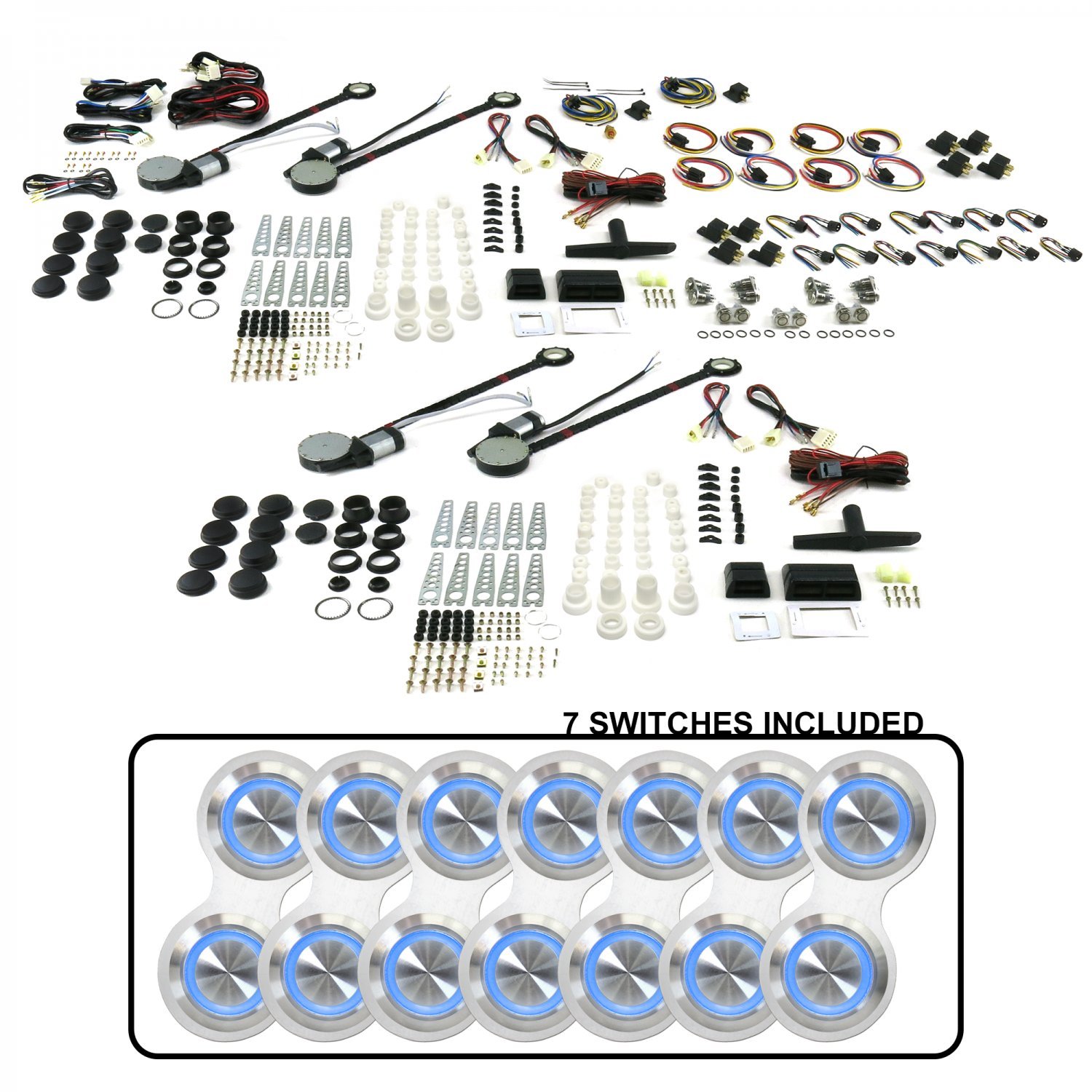 AutoLoc Power Accessories 18523 4 Door Power Window Kit (with 7 Retro Billet Switches Blue Illumination)