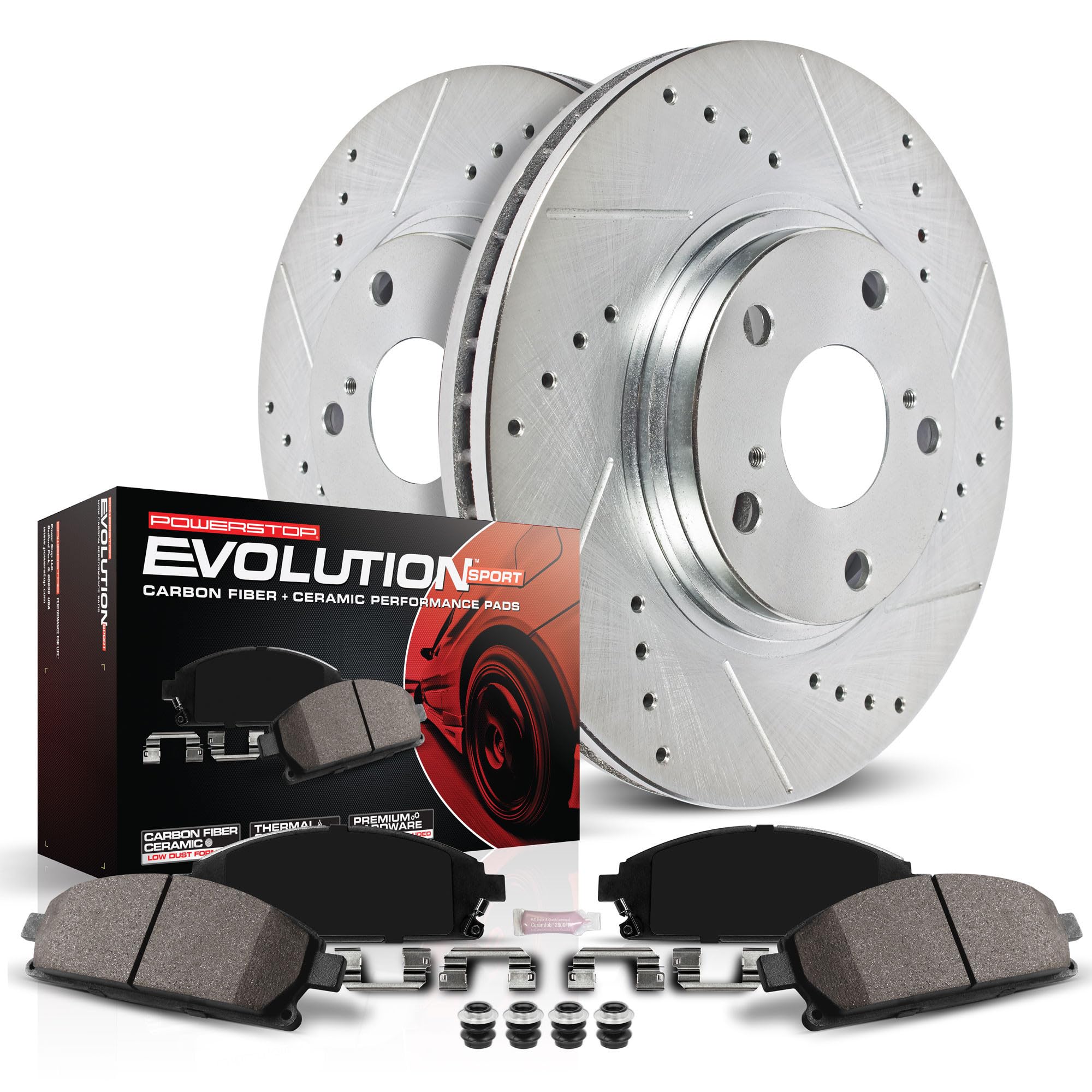 Power Stop K7306 Front Z23 Carbon Fiber Brake Pads with Drilled & Slotted Brake Rotors Kit