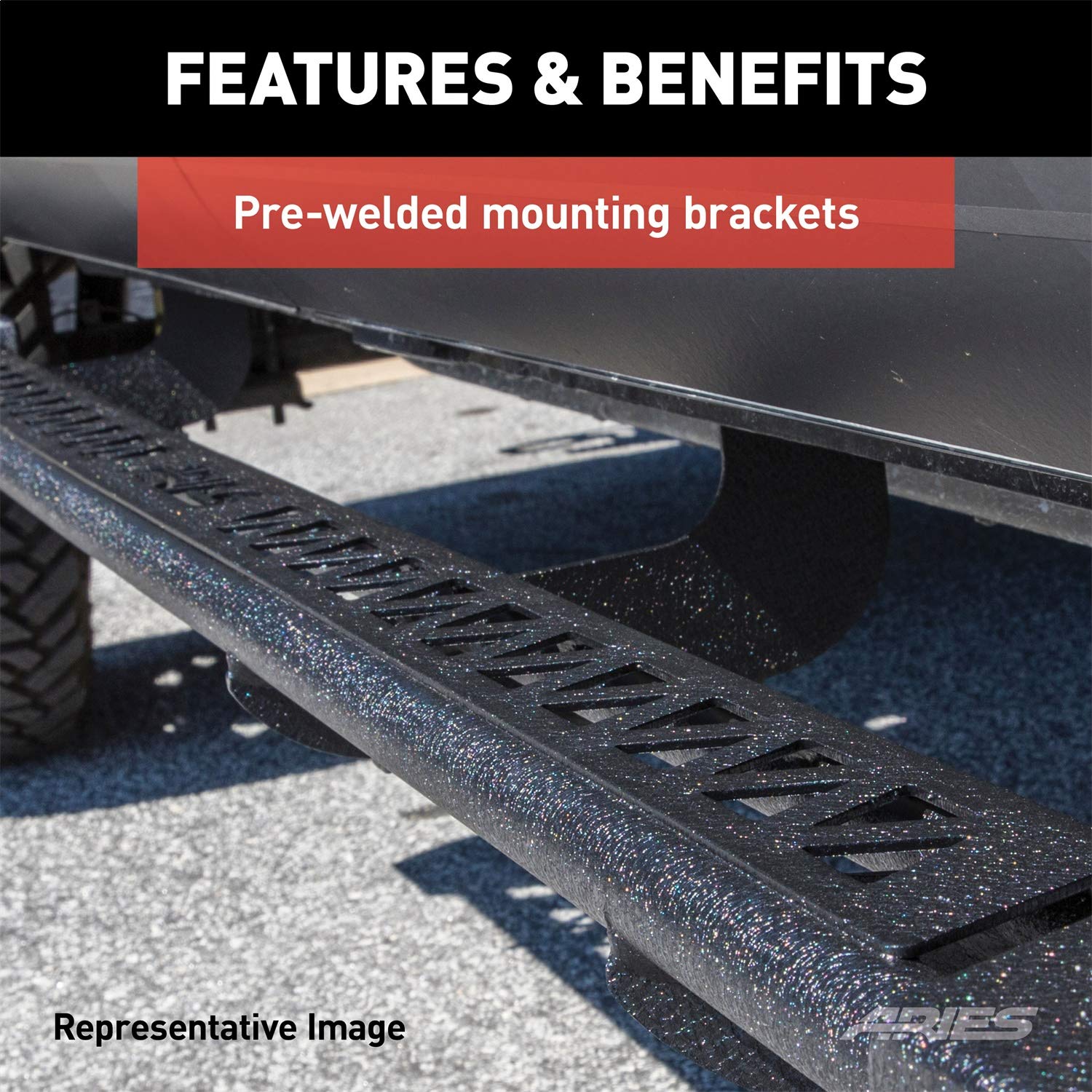 ARIES 2074100 Rocker Steps 3 in. Flat Profile Textured Black Powder Coat Carbon Steel Board And Bracket Rocker Steps