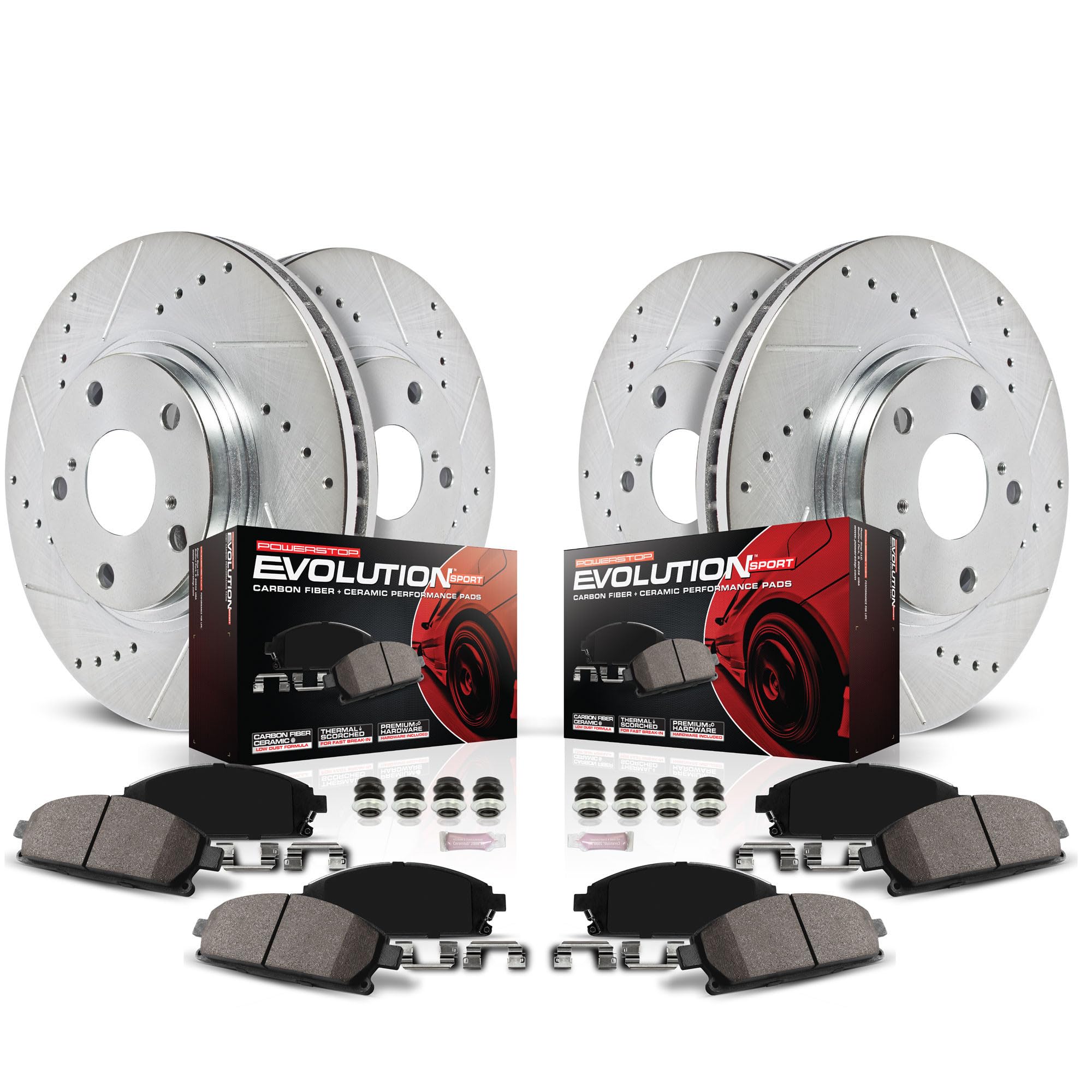 Power Stop K6227 Front and Rear Z23 Carbon Fiber Brake Pads with Drilled & Slotted Brake Rotors Kit and 1 Front & 1 Rear Sensor Wires